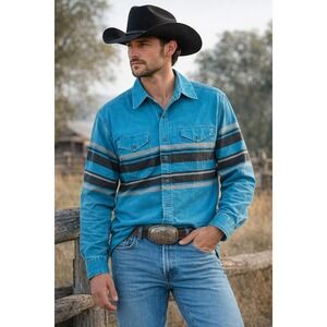 Vintage Wrangler Brushpopper Western Shirt 17 34 Blue Stripe Button X Long Tails